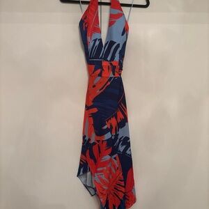 Asymmetrical Tropical Print Dress in Red and Blue